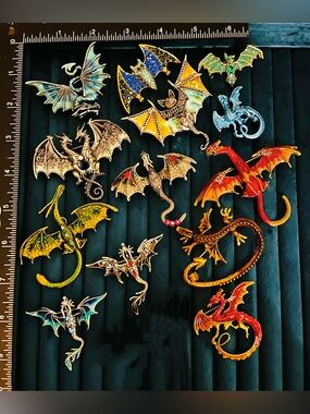 Lot 11 Dragon Bat Brooches Pins Enamel Rhinestone Fantasy Gargoyle Creature